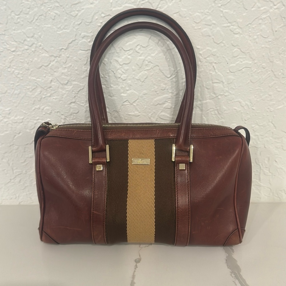 Authentic Gucci Boston Bag - Burgundy Lambskin with Brown, Tan and Cream Stripes